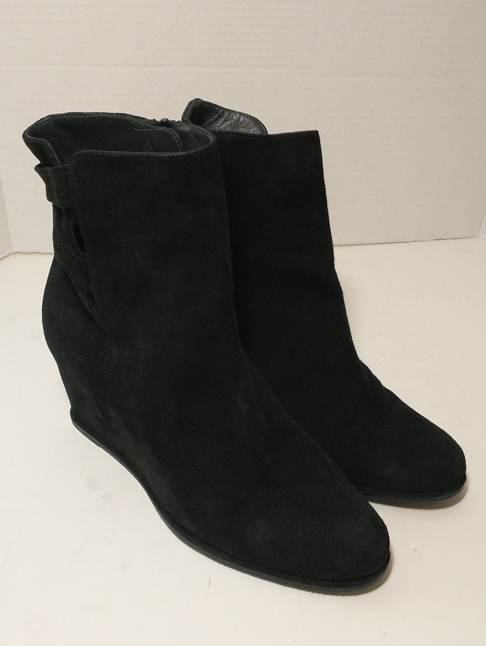 Stuart Weitzman Black Suede Wedge Ankle Boots, Size 9.5, Cottagecore, Grannycore